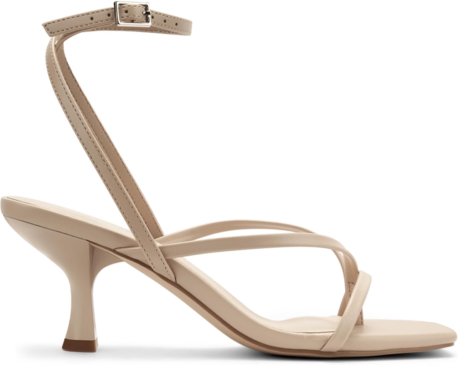 Women's Kitten Heel Strappy Open Square Toe Thong Ankle Strap Heels for Wedding,Nude Pu,7.5 - Image 4