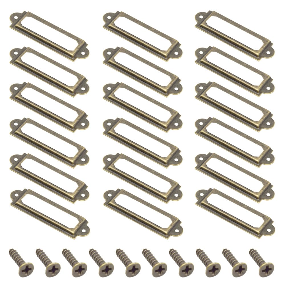 Yosawo Pack of 50 Metal Label Holders Antique Furniture Drawer Cabinet Card Frame Holder with Screws for Filing Cabinet Office Drawer Cabinet in Pharmacist Cabinet (60 x 17 mm/Antique Copper)