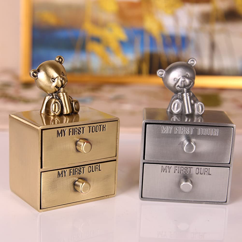 Milchzahndose Baby Erste Locke und ersten Zahn Zahndose Andenken Box Metalllegierung Süßer Bär Zahnbox mit 2 Schubladen Erinnerungsboxen Kinder