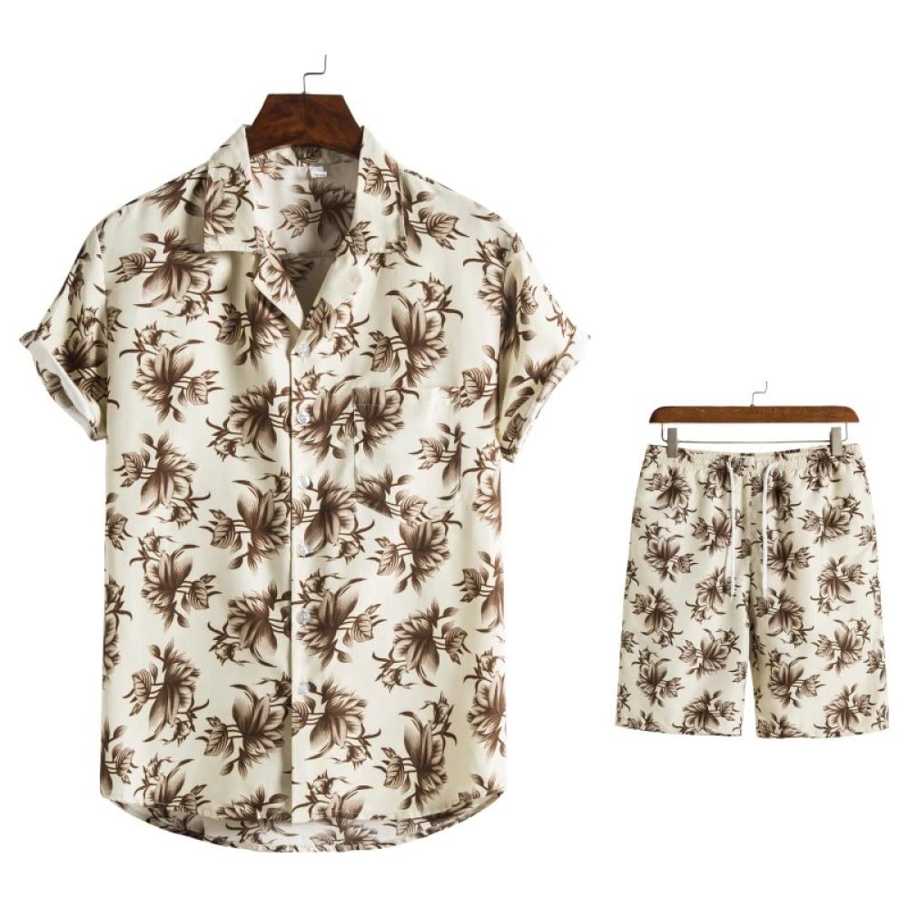Camisa Hawaiana Hombre, Camisa Hawaiana Para Hombre Y Pantalones Cortos De Playa Hawaianos Conjunto De Flores De Albaricoque De Algodón Trajes De Hawaii Camisa De Playa De Manga Corta Casual Y Pant