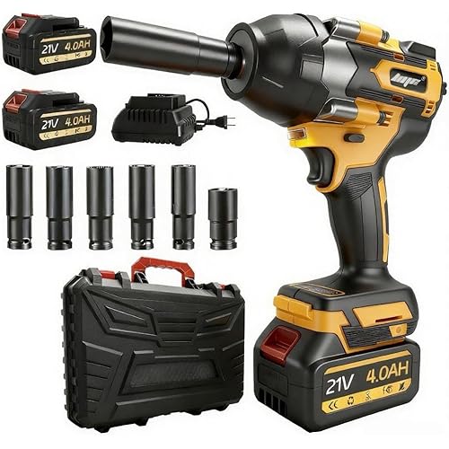 Cordless 1/2 Inch Impact Wrench,1000 N.m(740 Ft-lbs) Brushless High Torque Electric Impact Gun, 3300RPM Power Impact Driver, 2x 4.0AH Li-ion Battery,Charger & 6Pcs Sockets for Car Home DIY Furniture