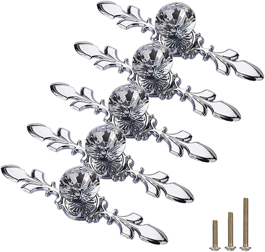 5 Pack Silver Diamond Clear Crystal Glass Decorative Knobs with Plate,Drawer Dresser Pulls Handles with 3 Kinds of Screws for Kitchen Bathroom Office Decoration (5 Pack, Small, Silver)