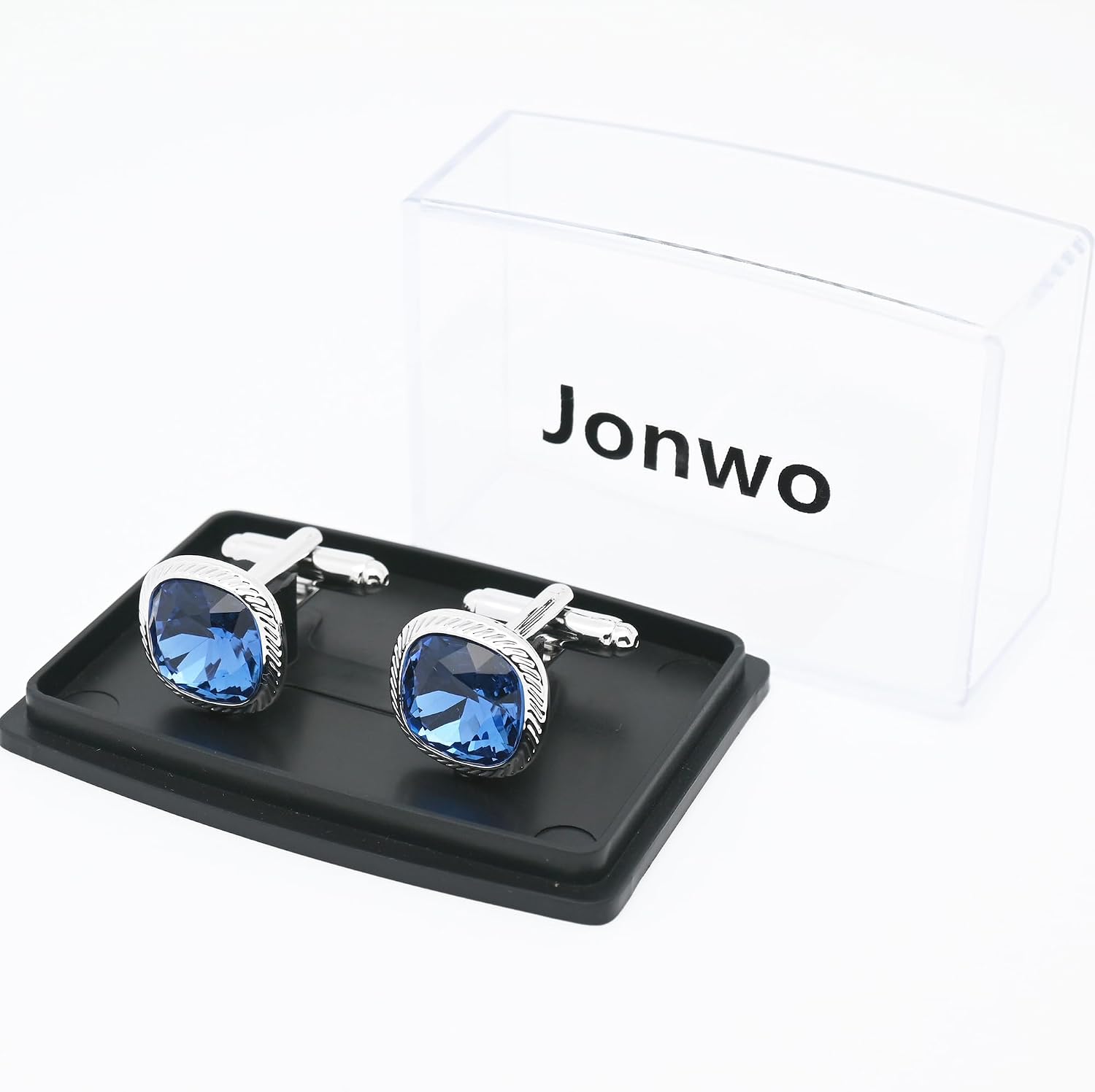 Blue Zircon Gemstone Cufflinks for Men Lady Shirt In Gift Case Silver | Square Crystal Men's Cuff Links Set Jewelry for Wedding Anniversary Party Daily Office Formal Casual Business Tuxedo Dress