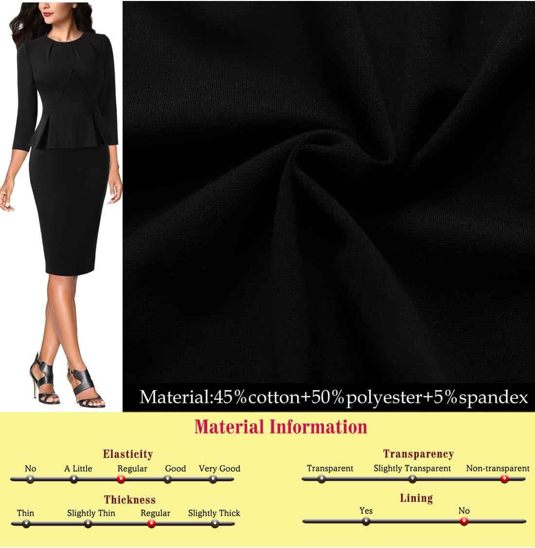 VFSHOW Womens Pleated Crew Neck Peplum Slim Work Business Dress Elegant 3/4 Sleeves Office Church Bodycon Pencil Sheath Dress - Image 6