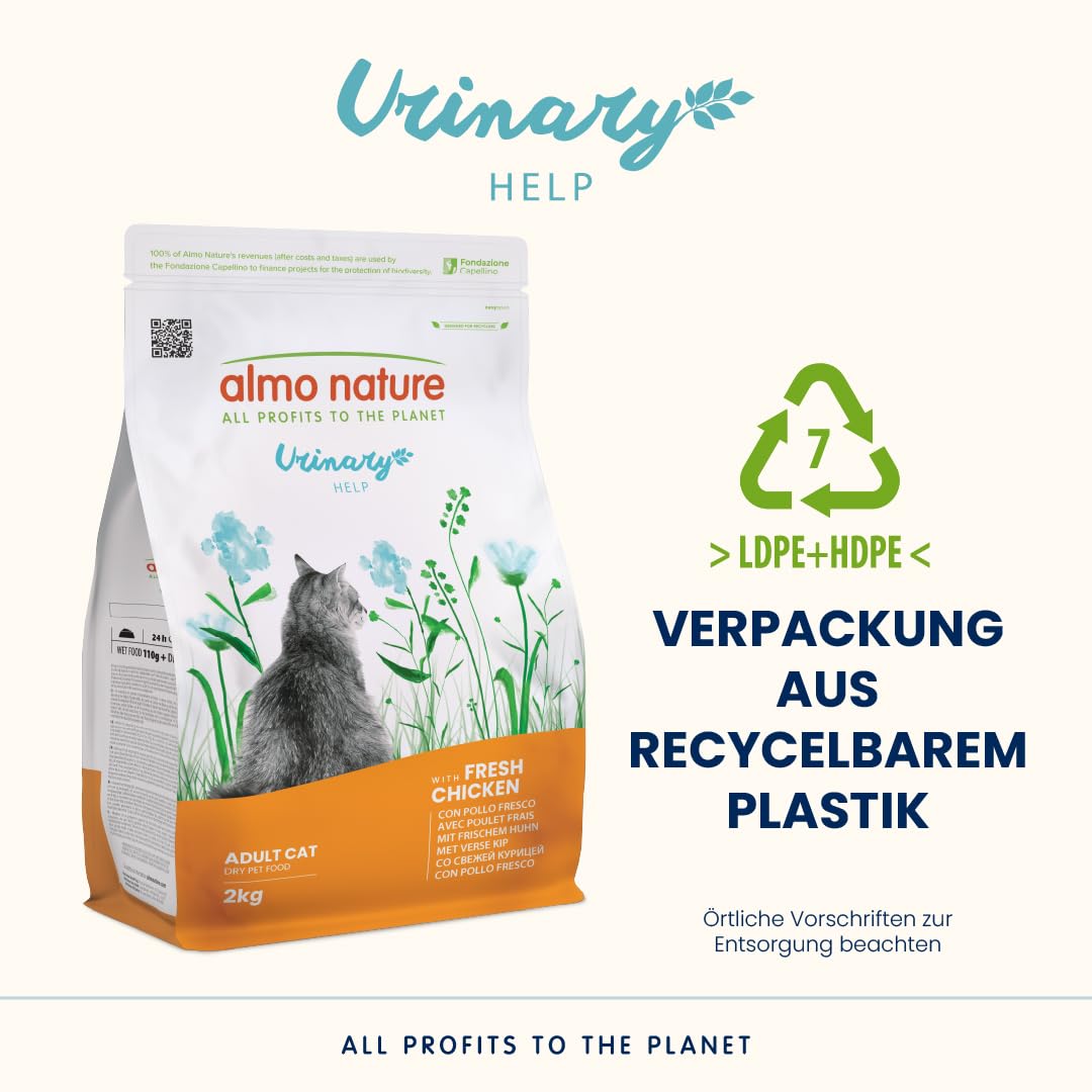 Almo Nature Urinary Help - Katzen-Trockenfutter mit Frischem Huhn - Unterstützung des Harnsystems mit Glucosamin und Reduzierten Gehalten an Magnesium, Kalzium und Phosphor - 2kg Beutel