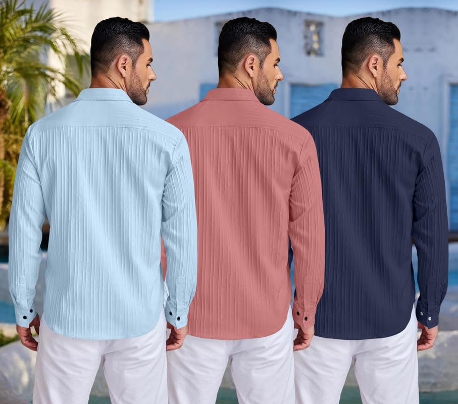 Image of FINIVO FASHION Combo of Men's Casual Cotton Plain Button Down Shirt Long Sleeve Textured Summer Beach Shirt for Men Pack of 3