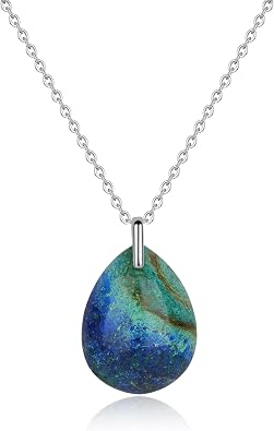 COAI Womens 925 Sterling Silver Necklace, Chrysocolla Crystal Necklace for Women, Teadrop/Heart Pendant