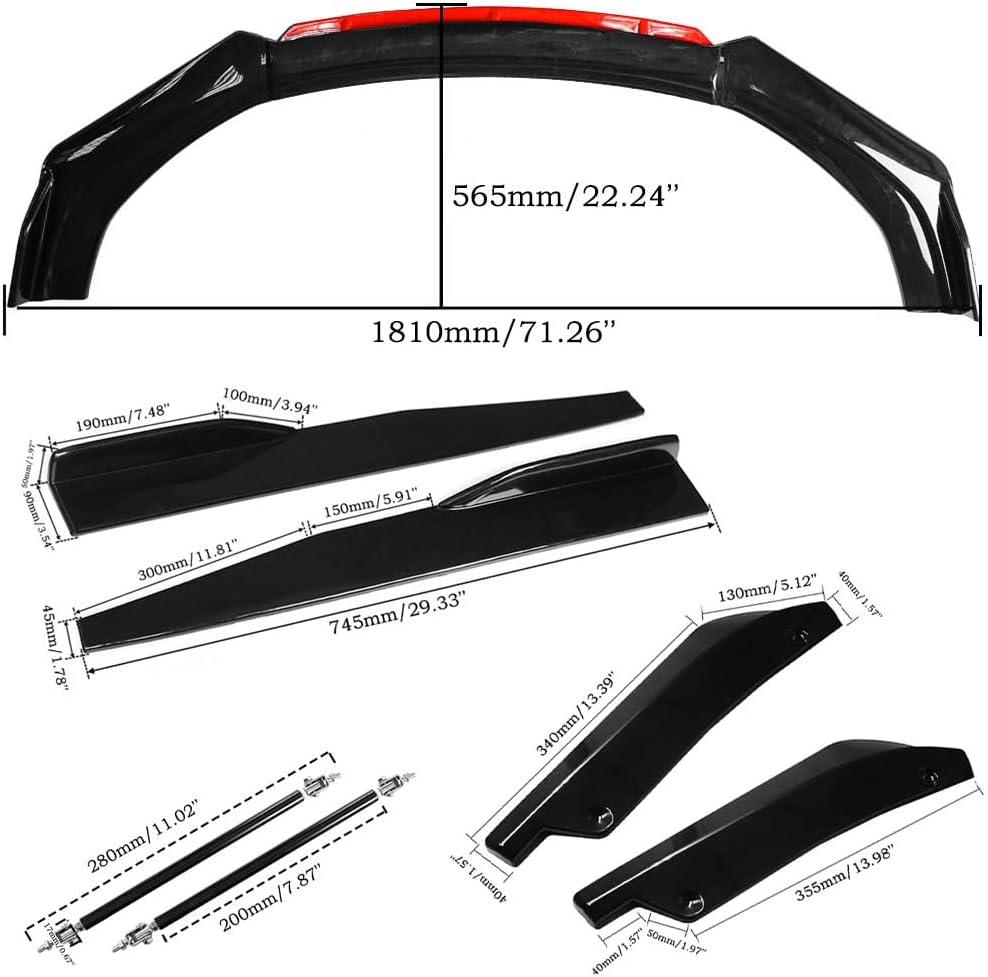Universal Car Front Bumper Lip Spoiler Body Kits + 2M / 86.6" Side Skirt Extension Rocker Panel Body Kit + 48CM Auto Rear Bumper Lip Diffuser (63"-70" Red)