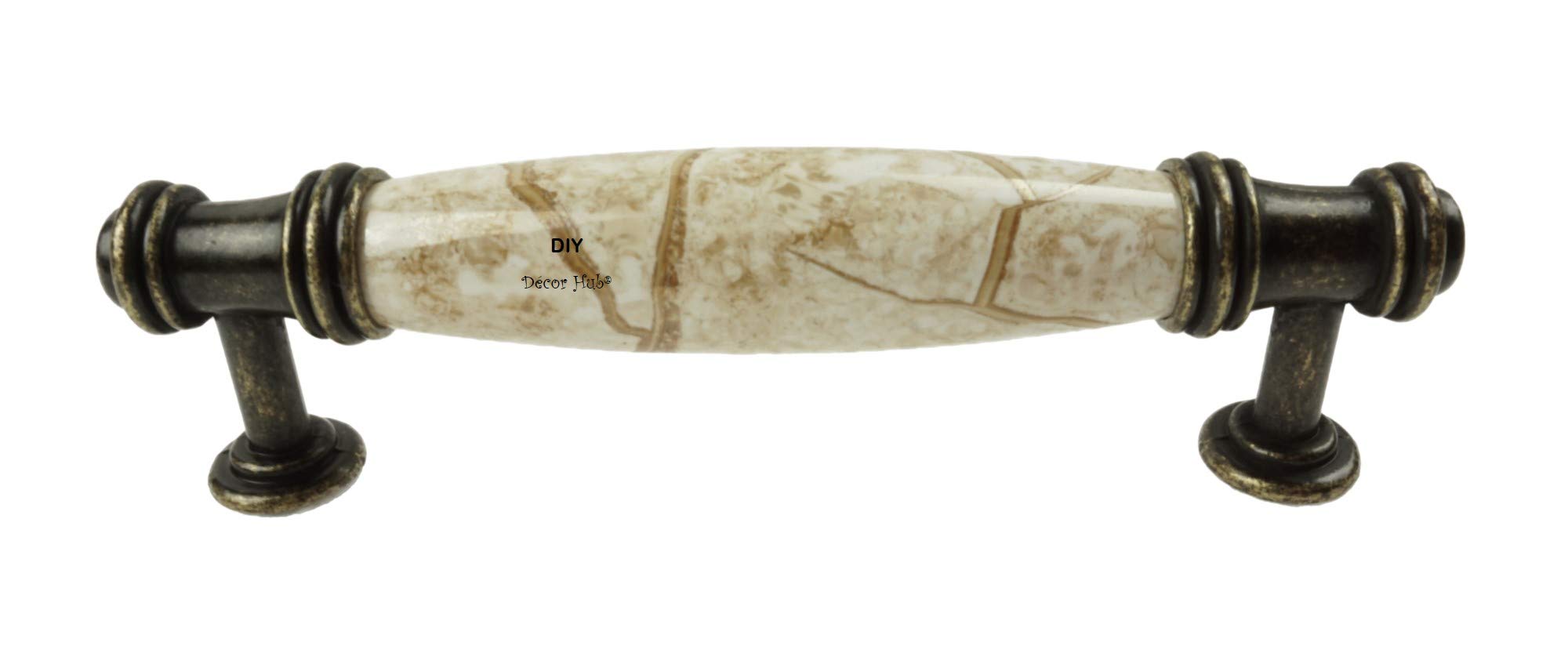 20 pcs Antique Brass Cabinet Drawer Pulls with Brown Marble Ceramic Handles and 3 3/4 inch Hole Centers for Cabinets, Drawers, Dressers, Trays