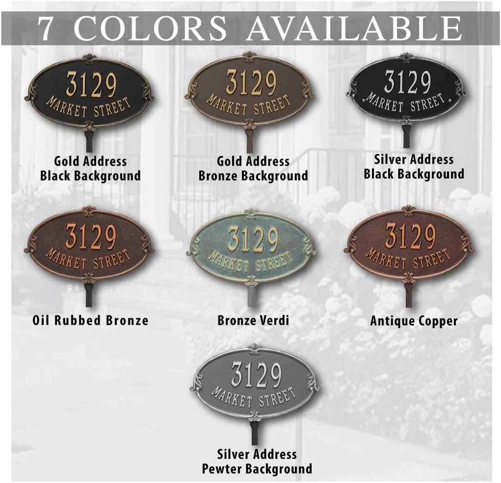 Whitehall™ Personalized Cast Metal Address plaque - LAWN MOUNTED MONTECARLO Plaque. Made in the USA. BEWARE OF IMPORT IMITATIONS. Display your address and street name. Custom house number sign.
