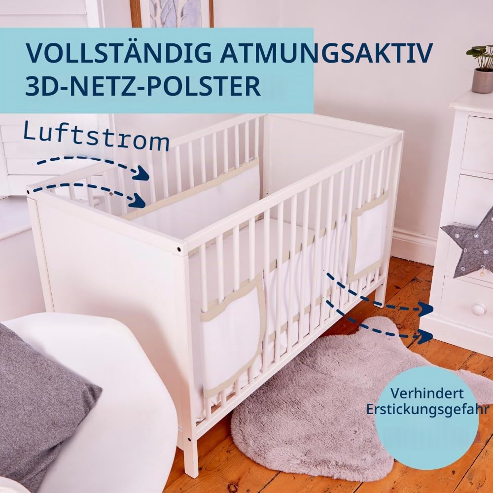 PurFlo Atmungsaktive Bettumrandung, sichere Alternative zu traditionellen Babybetten, maschinenwaschbares Netzgewebe und einfach zu installierende Klettbefestigungen, passend für Kinderbetten bis 140