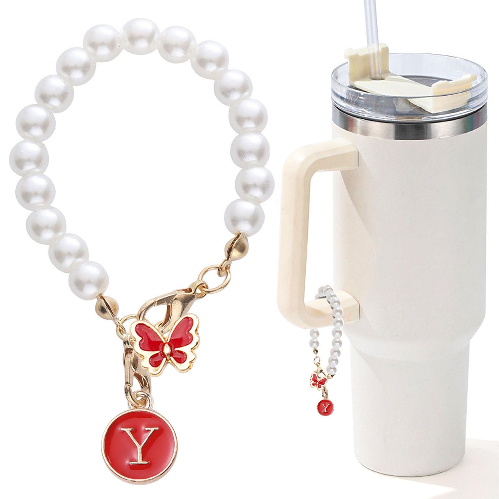 Accessories for Stanley Cup Pearl Chain Initial Accessoriess for Handle Stuff Decor Water Bottle Jewelry Tumbler Cute Simple Modern Personalized Name ID Decorations Letter Red Tag Y