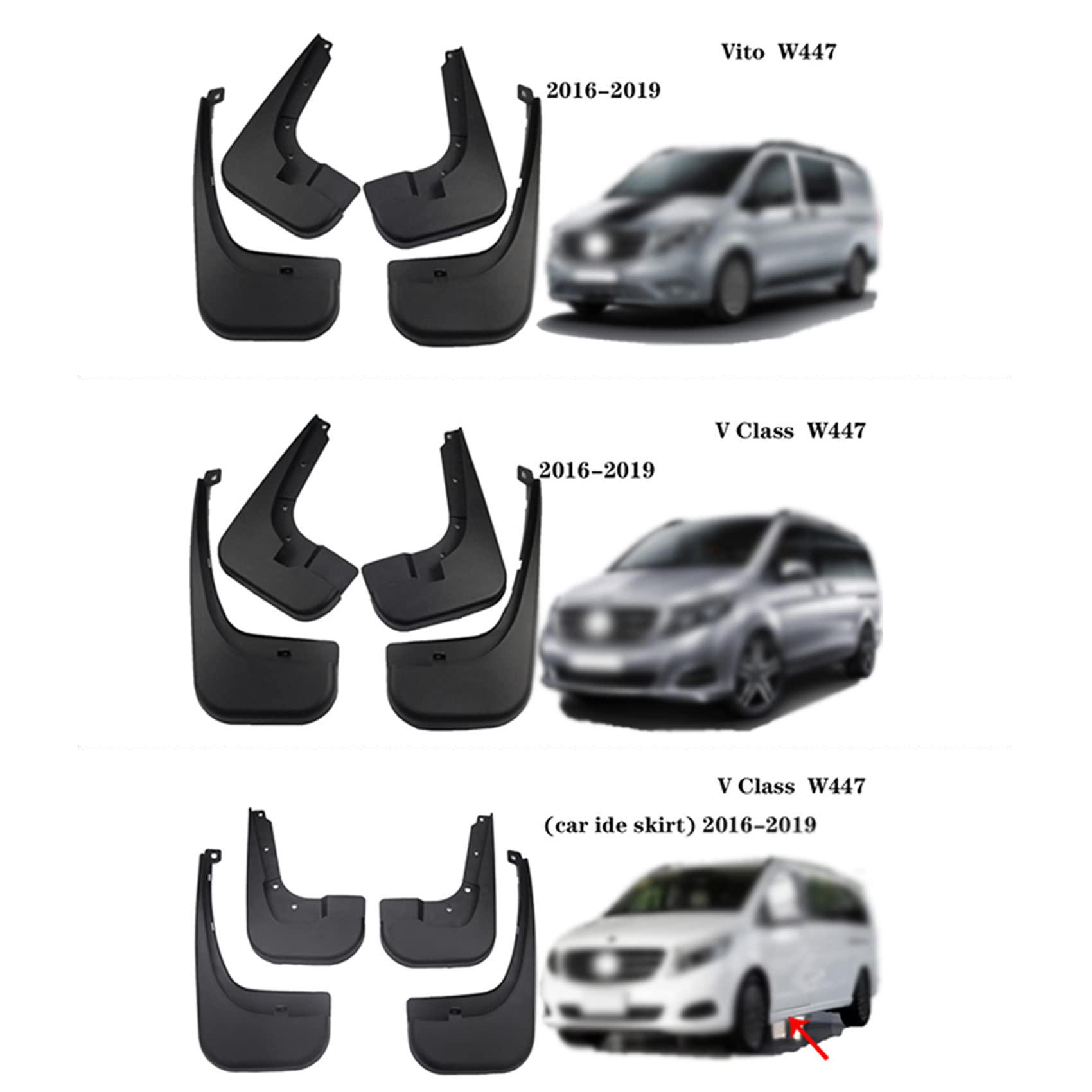 Lot de Voiture Garde-Boue Pour Mercedes-Benz Vito V Class W447 2016-2019, Bavettes Avant ArrièRe Anti-éClaboussures Caoutchouc Fender Protection 4 Pièces,Vito w447