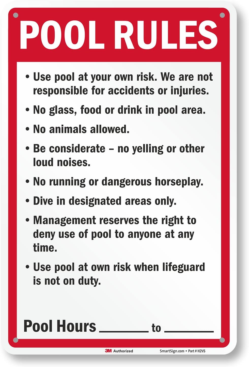 SmartSign 18 x 12 inch “Pool Rules” Write-on Metal Sign with Pre-Cleared Holes, 63 mil Laminated Rustproof Aluminum, Red, Black and White, Made in USA