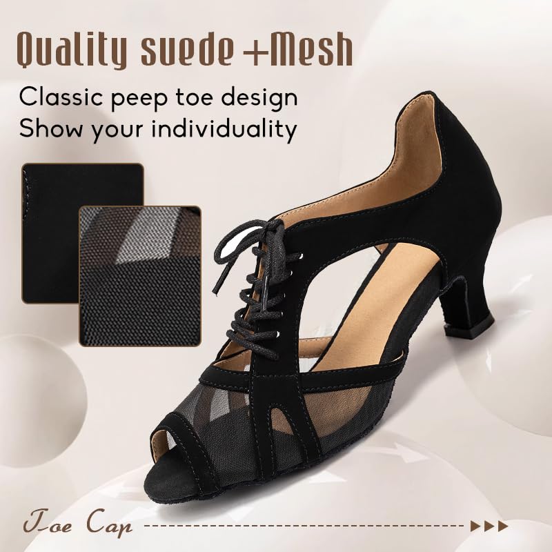 Women's Latin Salsa Dance Shoes Lace-up Open-Toe Wedding Party Ballroom Dancing Shoes,Model FT087-Suede Sole-2.5”Heel2