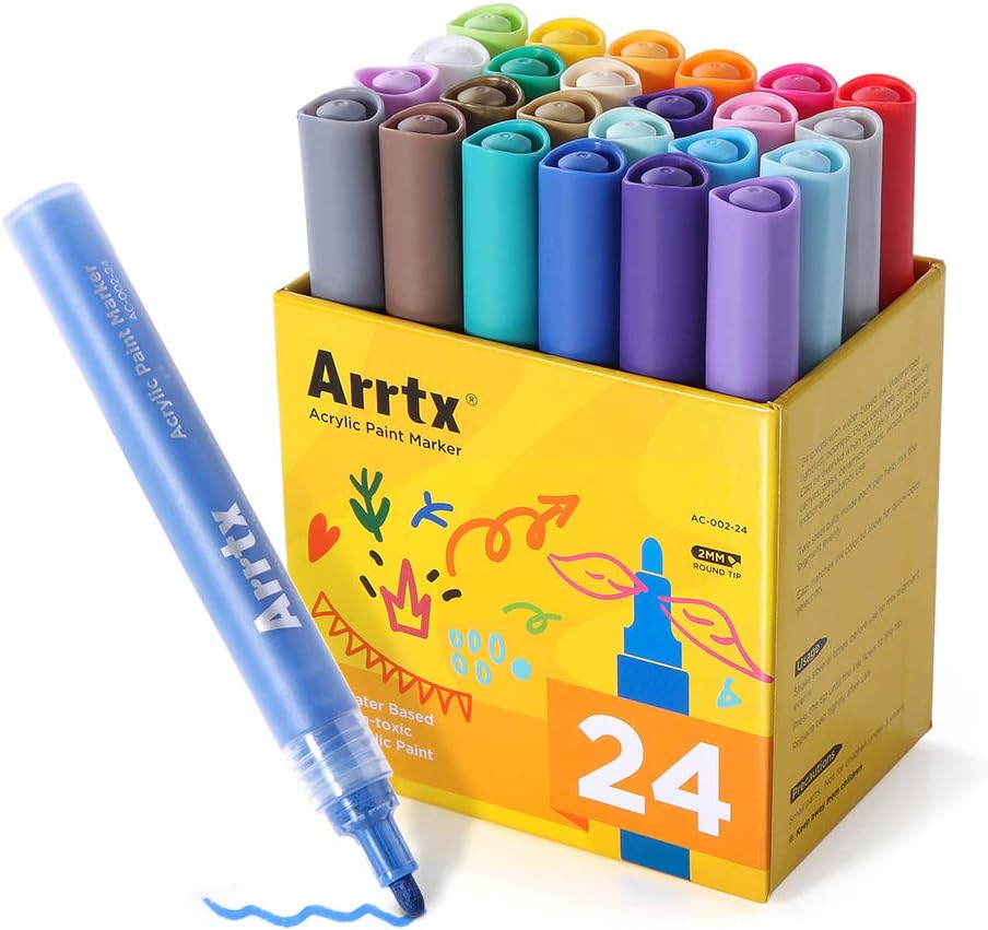 Arrtx Acrylic Paint Marker Pens 24 Colors Art Permanent Markers for DIY Glass, Ceramic, Rock, Wood, Canvas, Metal, Fabric, Highly Pigmented Acrylic Pens Great for Beginners, Hobbyists