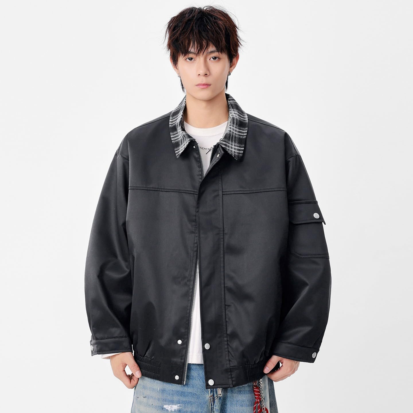 Embroidered Work Jacket Men, Retro Color Block Lapel Coat, Spring Casual