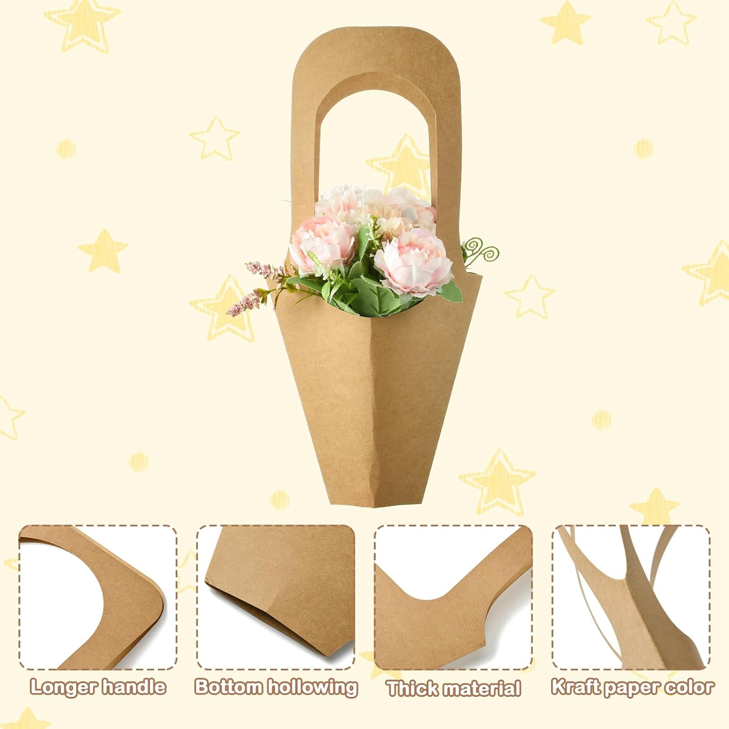 Ipotkitt 10 pcs Brown Kraft Paper Flower Bags Hand Held Bouquet Wrapping Ornaments Floral Wrapping Bags for DIY Craft Florist Shop Packaging Wedding Graduation Party Supplies