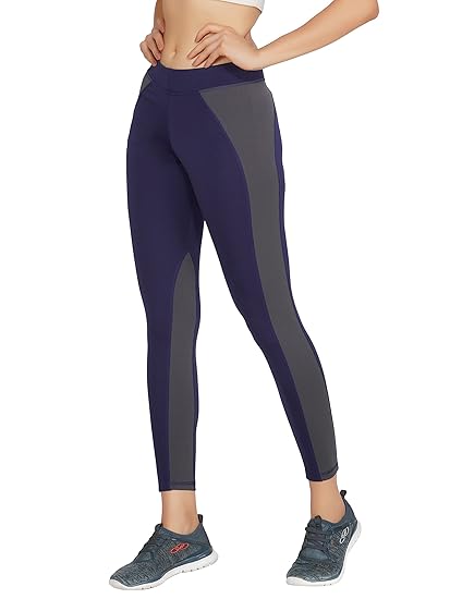 Neu Look Women Slim Fit High Waist Gym Workout Tights with 4 Ways Stretchable Scoot Proof Color Block Yoga Leggings (Navy Blue Grey, X-Large)
