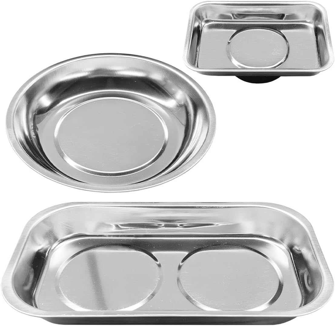 3PCS Magnetic Tray Holder, Stainless Steel Extra Strong Magnetic Bowl Parts Tray Set for Screws, Nuts, Bolts, Sockets, Pins – Mechanic Tool Metal Parts Organizer for Automotive Repair(Round&Rectangle)