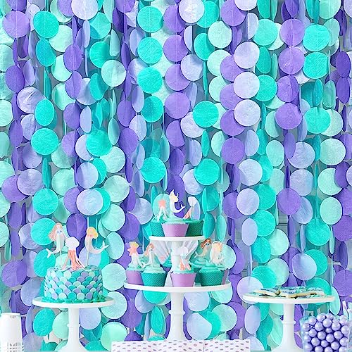 Image of 205Ft Purple Teal Big Circle Dot Backdrop Streamer Tissue Paper Polka Dot Hanging Garland for Mermaid Under the Sea Birthday Bachelorette Wedding Shower Engagement Party Decorations Supplies