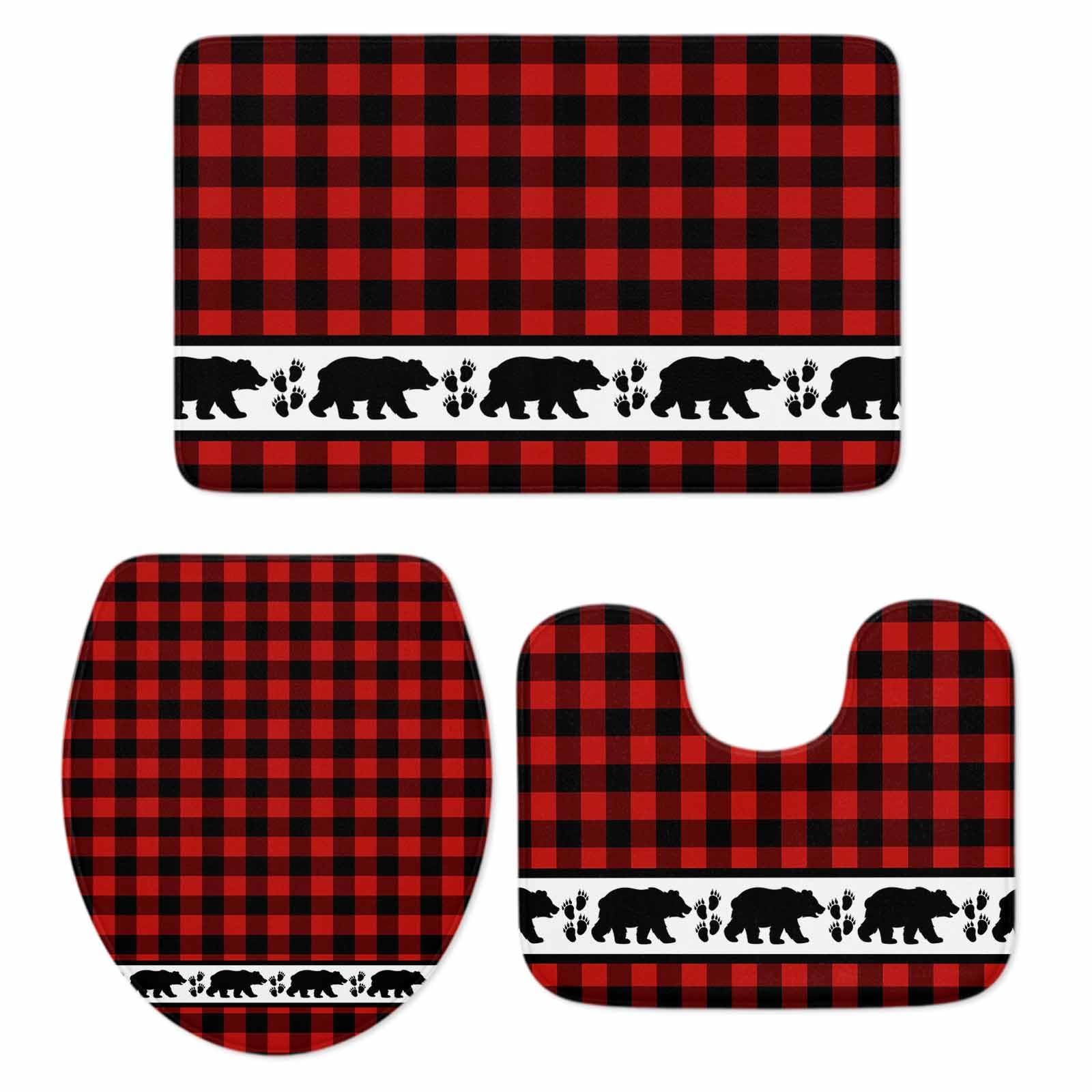 3 Pieces Christmas Bathroom Rugs and Mats Sets Farm Red and Black Buffalo Plaid,Non Slip Water Absorbent Bath Rug,Toilet Seat/Lid Cover,U-Shaped