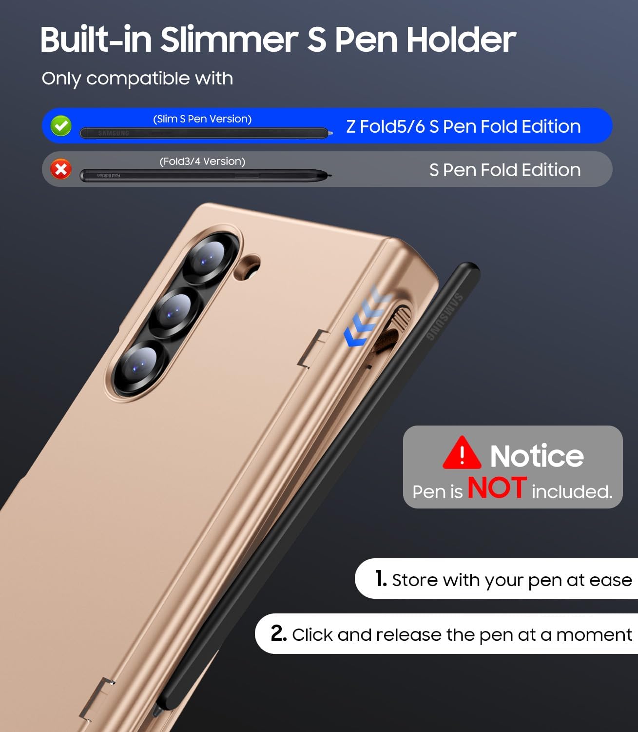 for Samsung Galaxy Z Fold 6 Case with S Pen Holder, Front Screen Protector, Hinge Protection, Compatible with MagSafe, Fold6 Slim Full Body Protection Magnetic Phone Cover, Gold