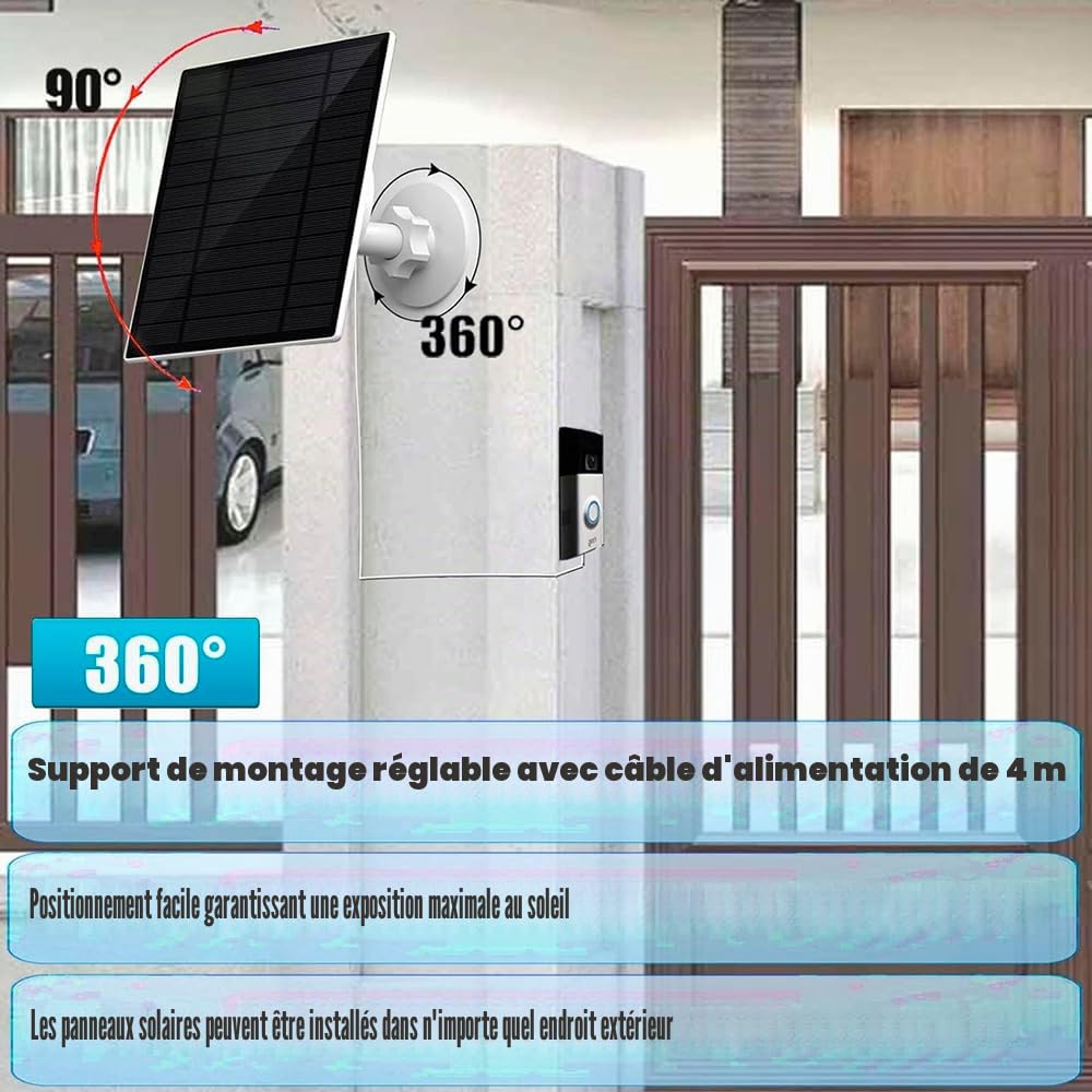 Panneau solaire 6W pour charger la batterie de la sonnette, IP66 étanche, compatible avec Ring video doorbell 3/3 plus，video doorbell 4/4 Plus, Battery Doorbell Plus/Pro, Doorbell 2K Camera