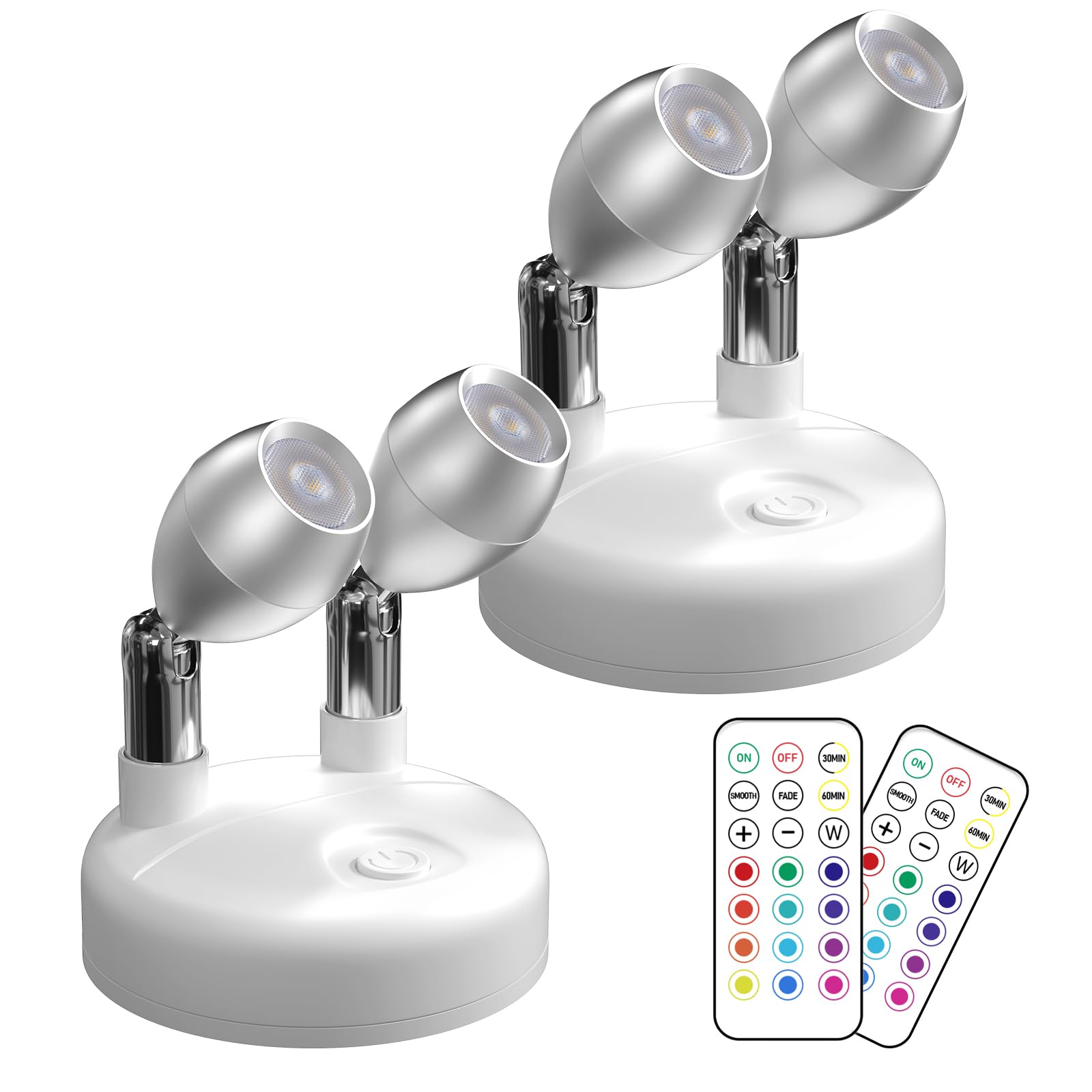 Klarlight Dual-Head Battery Operated Spotlight Indoor with Remote Control, Wireless LED Spot Lights Indoor 13 Colors Mini Spotlights for Display, Art, Dartboard, Indoor Plant, Party, 2-Pack White