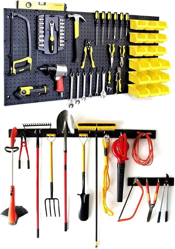Organizador de pared con tablero perforado (PK-160) - Almacenamiento de herramientas de jardín - Organizador de herramientas manuales - Contenedores de tablero perforado para almacenamiento y organización de piezas - Ganchos con bloqueo para tablero perforado