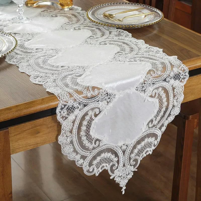 Chemin de table Runne en mousseline de soie - Chemin de table en dentelle pelucheuse - Nappe pour meuble TV - Tissu brodé - Drapeau de table basse - Décoration de mariage - Blanc