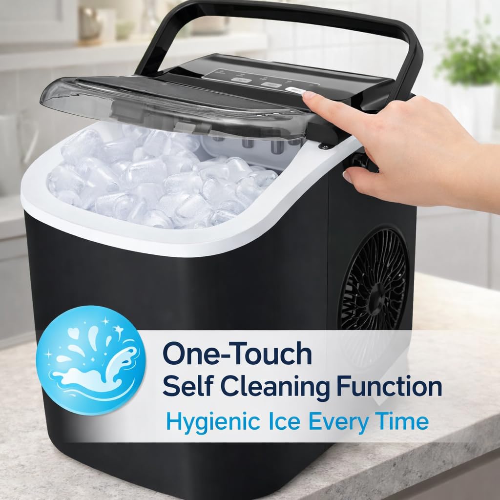 Macchina per il ghiaccio | Macchina per il ghiaccio da banco con manico portatile | 9 cubetti pronti in 6 minuti | 12 kg in 24 ore | autopulente | paletta e cestino | per casa/cucina/ufficio/bar (nero
