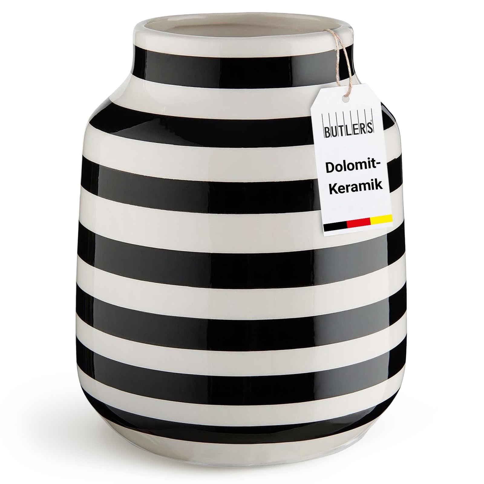 BUTLERS Malika Vase gestreift, Dolomit, Ø 13,5 cm, Schwarz-Weiß