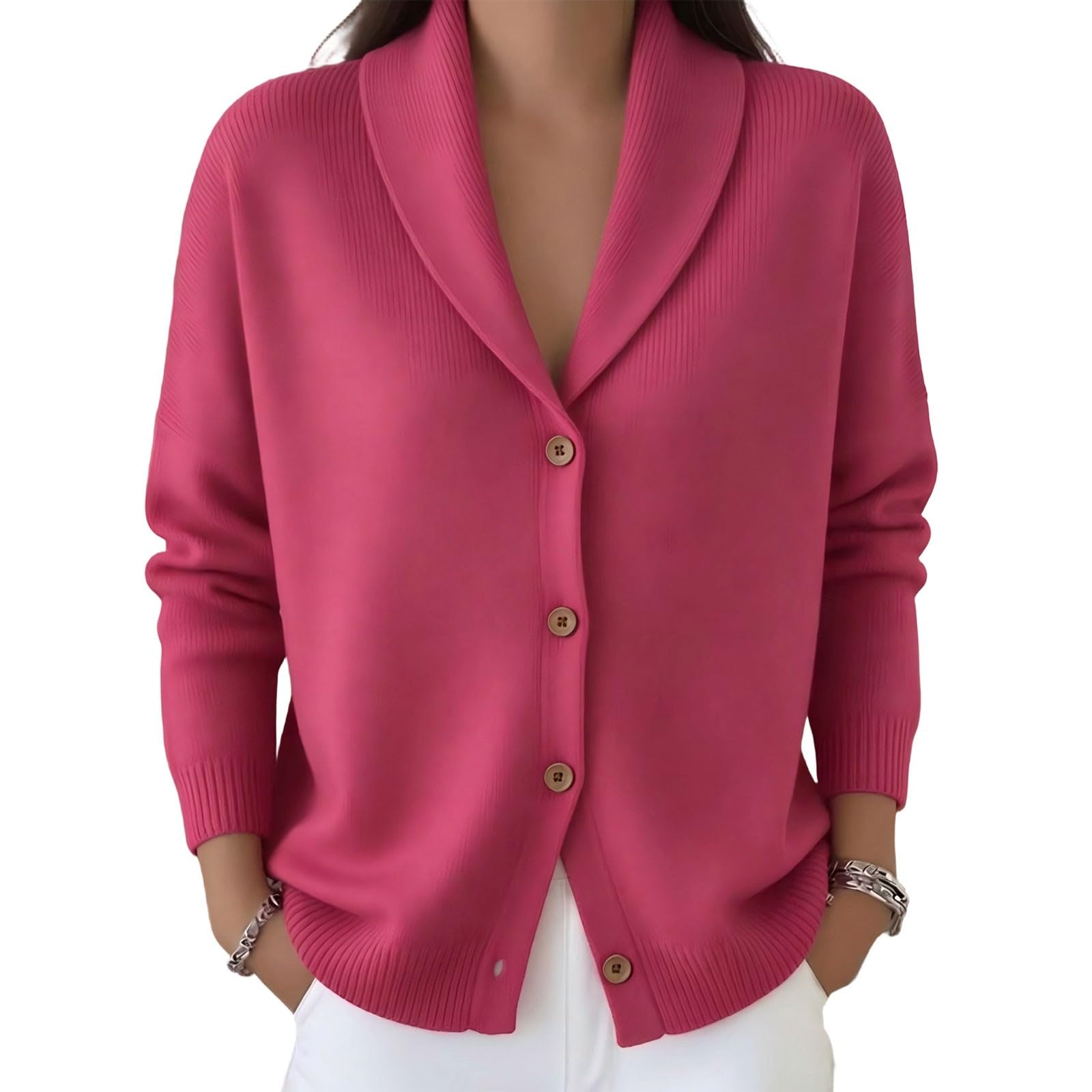 Generisch Chaqueta de punto para mujer, manga larga, cárdigan de cachemira, chaqueta de solapa, cuello en V, con volantes, elegante cárdigan de punto con botones, manga larga con botones, suéter otoño