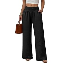 Wide Leg Pants Women Casual Palazzo Smocked Elastic High Waist Pants with Pockets Summer Beach Vacation Trousers