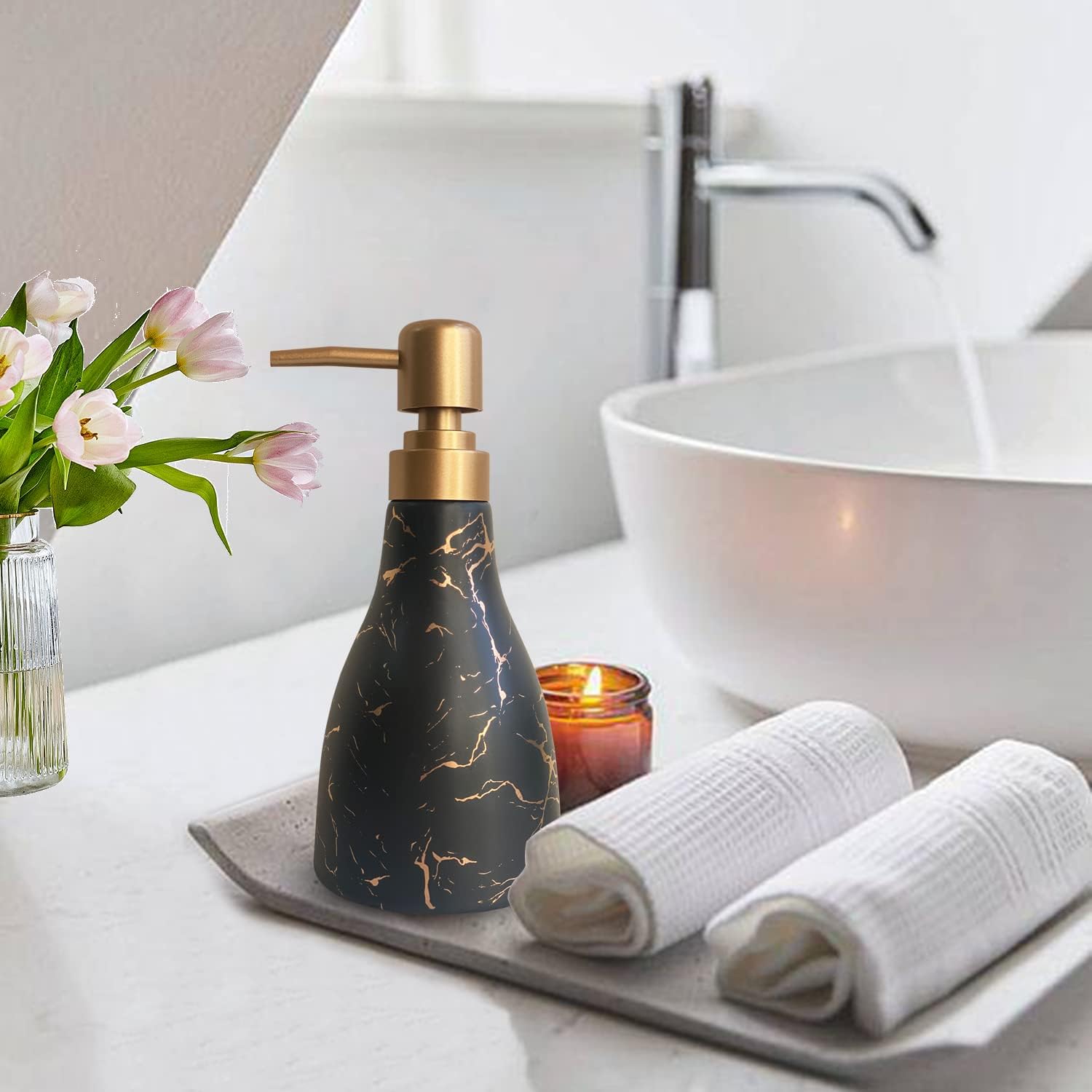 Cylindrical Black Marble Soap Dispenser+Cone Marble Black Soap Dispenser