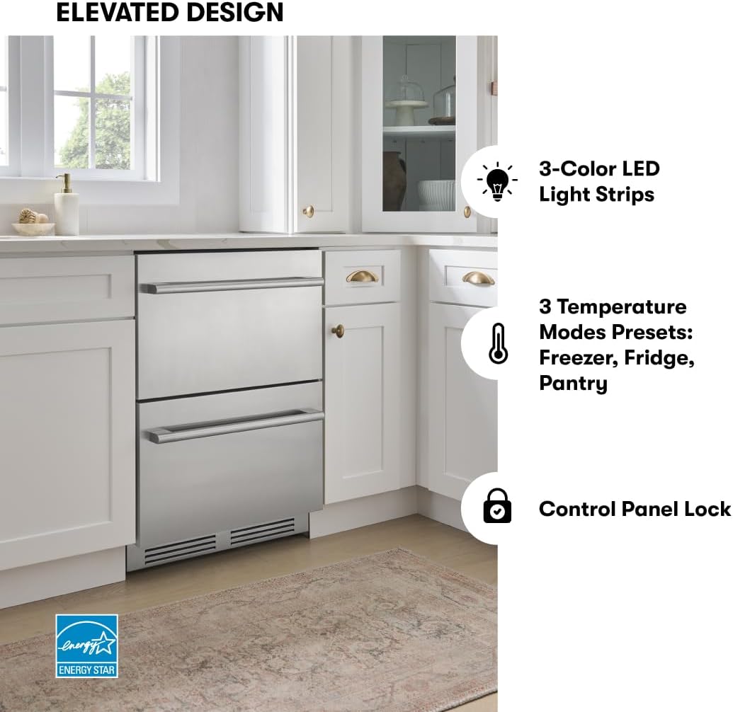 Zephyr 24" Presrv™ Dual Zone Refrigerator Freezer Drawers - Built In Fridge with Modes for Freezer, Fridge and Pantry, Convertible -7° – 65° F (each zone), LED Lighting, Soft Close, PRRFD24C2AS