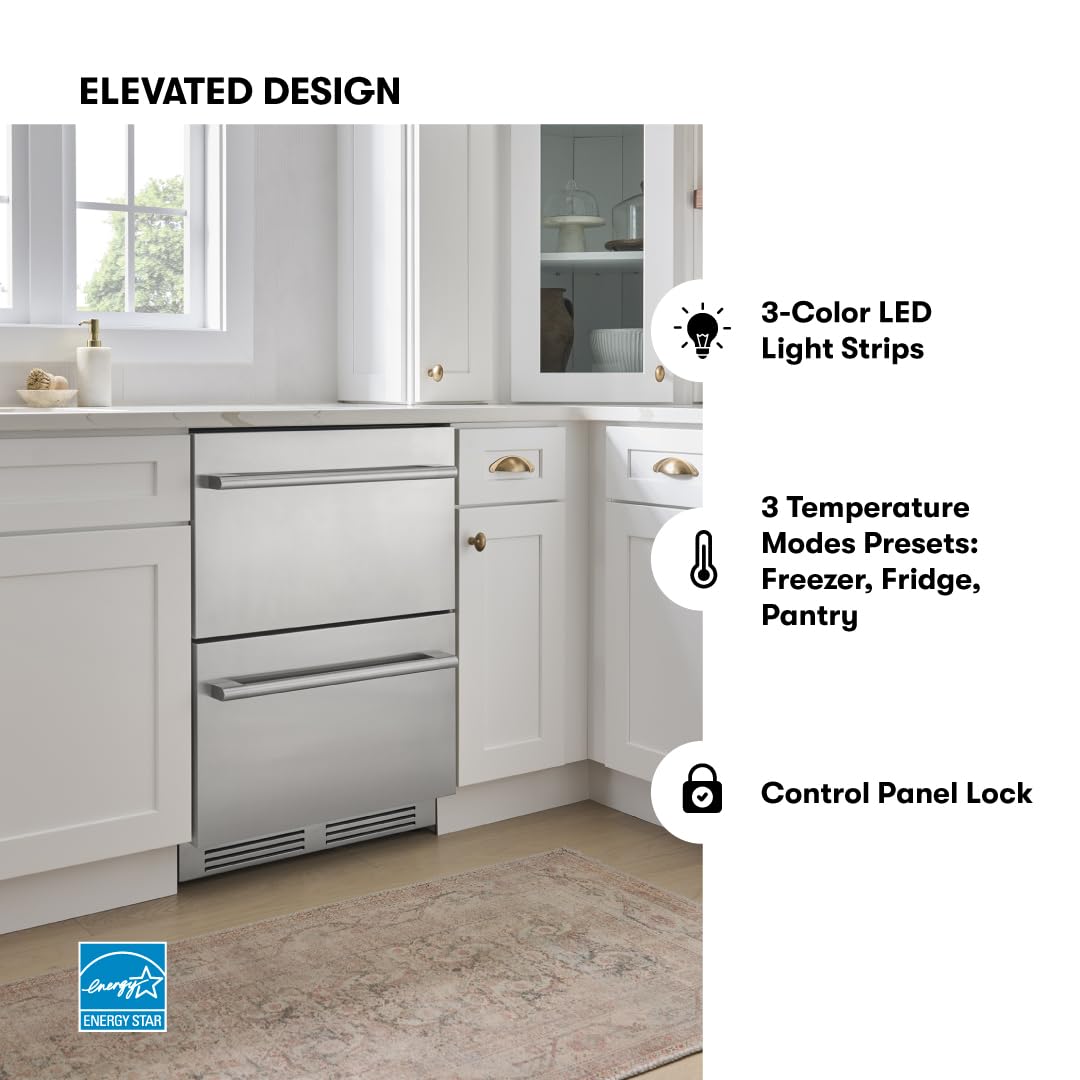 Zephyr 24" Presrv™ Dual Zone Refrigerator Freezer Drawers - Built In Fridge With Modes For Freezer, Fridge And Pantry, Convertible -7° – 65° F (Each Zone), LED Lighting, Soft Close, Prrfd24c2as on Fridge.com - View 6