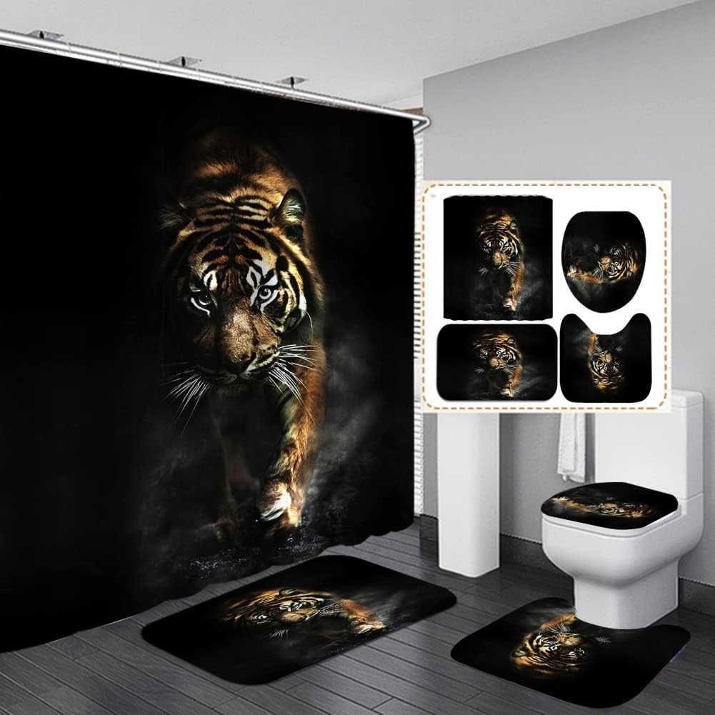 Ochine 4pcs Leopard Cheetah Shower Curtain Sets with 12 Hooks, Lion Shower Curtain Set African Shower Curtains and Toilet Mat Lid Rug Accessories Animal Print Bathroom Decor Sets