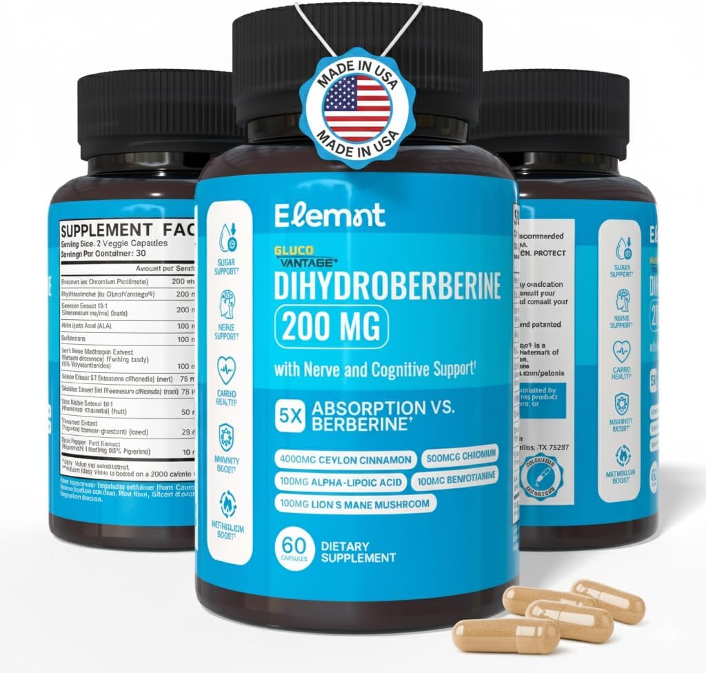 ELEMNT Super Berberine 200mg Dihydroberbeine (GlucoVantage®) with Ceylon Cinnamon, ALA, Benfotiamine, Lions Mane, Chromium, and Others for Immunity.