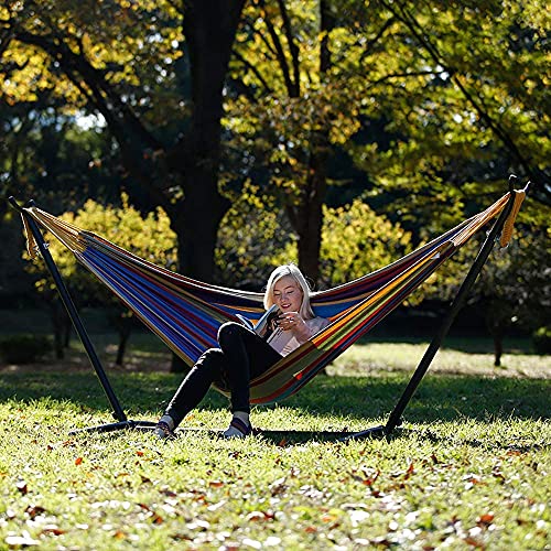 Vivere Double Cotton Hammock With Space Saving Steel Stand, Tropical (450 Lb Capacity - Premium Carry Bag Included) #TOP2