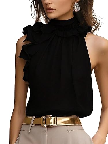 SOLY HUX Women's Elegant Blouse Ruffle Trim Sleeveless Mock Neck