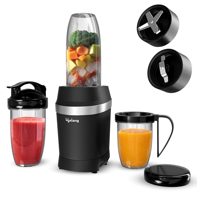 Lifelong Nutri Blender for Smoothies and Juices 100% Copper Motor- 1000 Watt & 22000 RPM | Detachable Handle 3 jars Mixer Grinder, Electric Blender for Kitchen, Fruits & Vegatable, 6 Leaf Blade