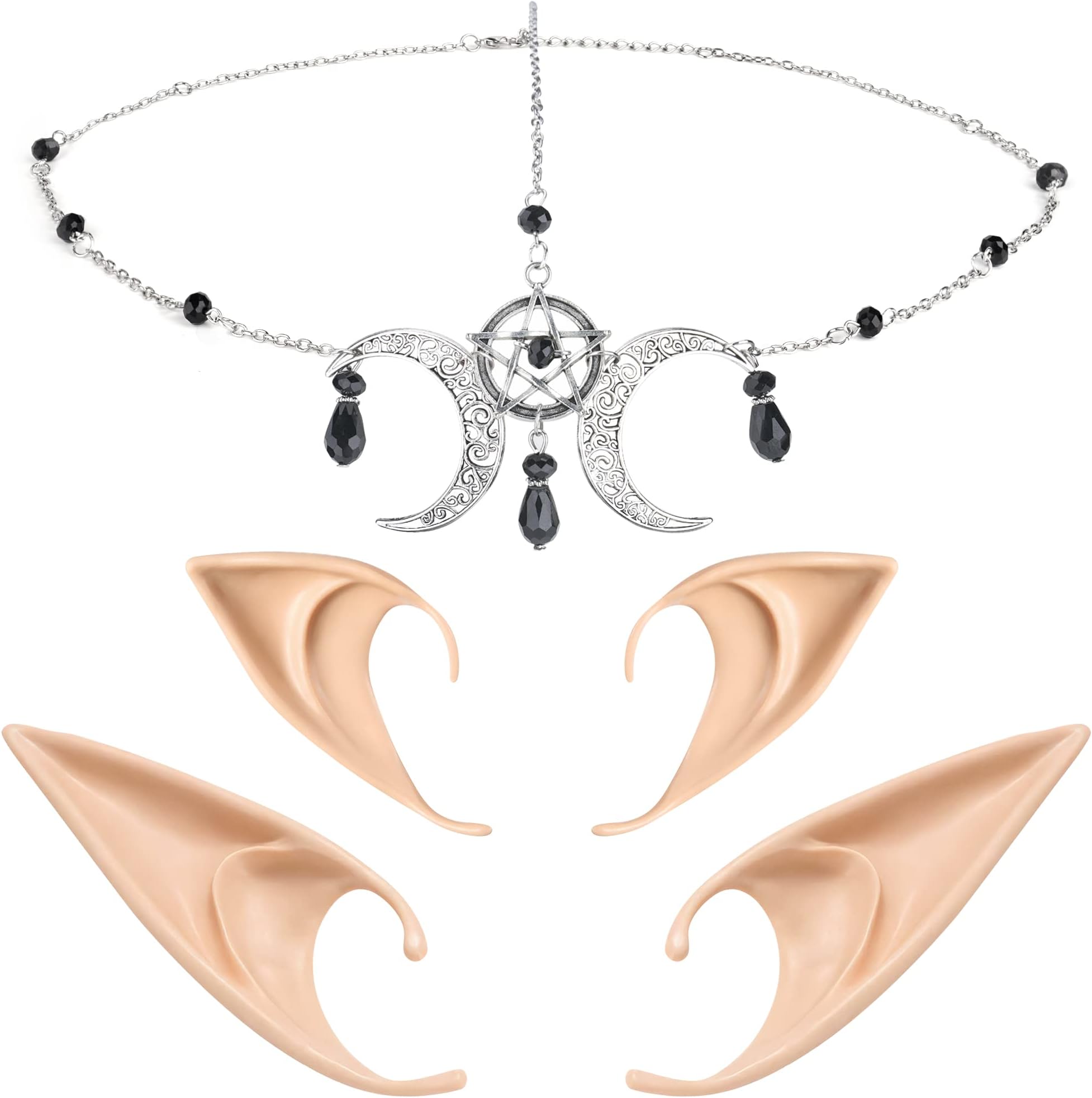 FRESHME 2 Pairs Elf Ears with Boho Moon Star Headpiece Set - Soft Pointed Elven Ears and Crystal Headband for Women Renaissance Halloween Cosplay Costume Accessories