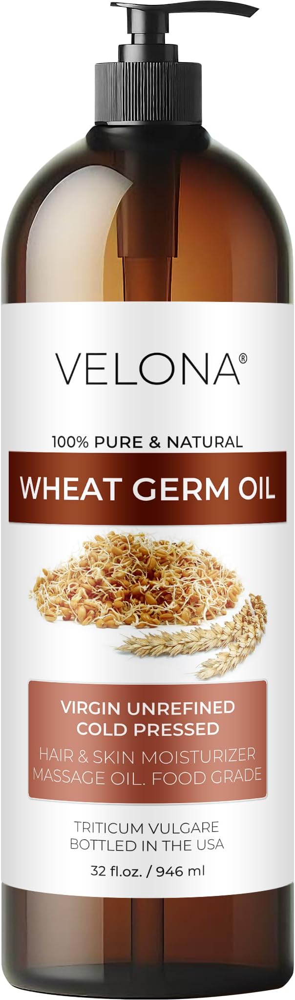 Wheat Germ Oil USP Grade by Velona - 32 fl oz | 100% Pure and Natural Carrier Oil | Unrefined, Cold Pressed | Cooking, Face, Hair, Body & Skin Care | Use Today - Enjoy Result