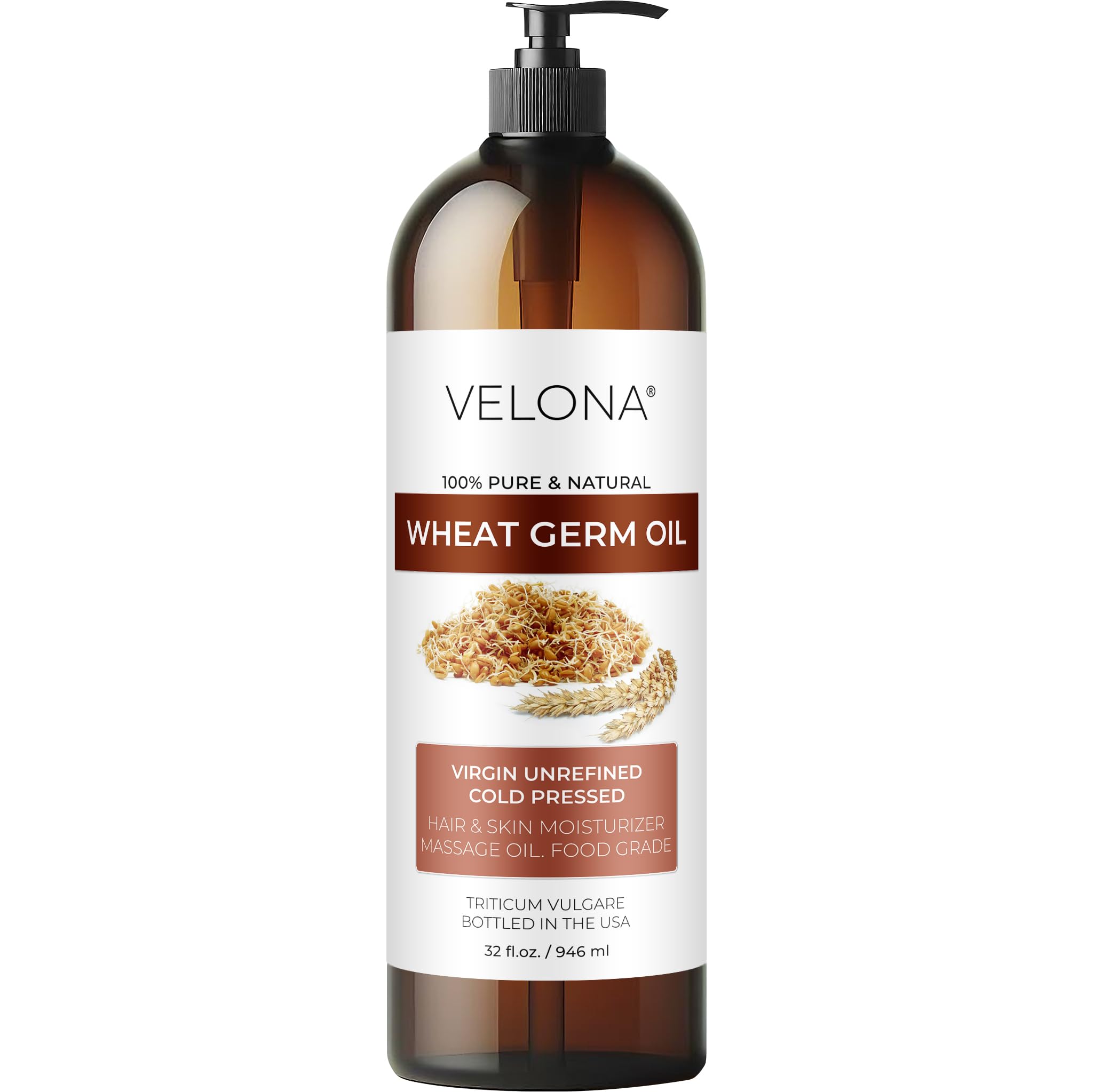 Wheat Germ Oil USP Grade by Velona - 32 fl oz | 100% Pure and Natural Carrier Oil | Unrefined, Cold Pressed | Cooking, Face, Hair, Body & Skin Care | Use Today - Enjoy Result