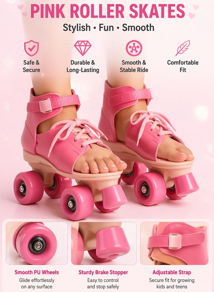 Image of KAVANA Adjustable Inline Roller Skates for Kids Girls Age 4-12 | Beginner-Friendly Skating Shoes with Front Brake & Polyurethane Wheels | Skates for Boys & Girls 4+ Years (Multicolor) (Pink)