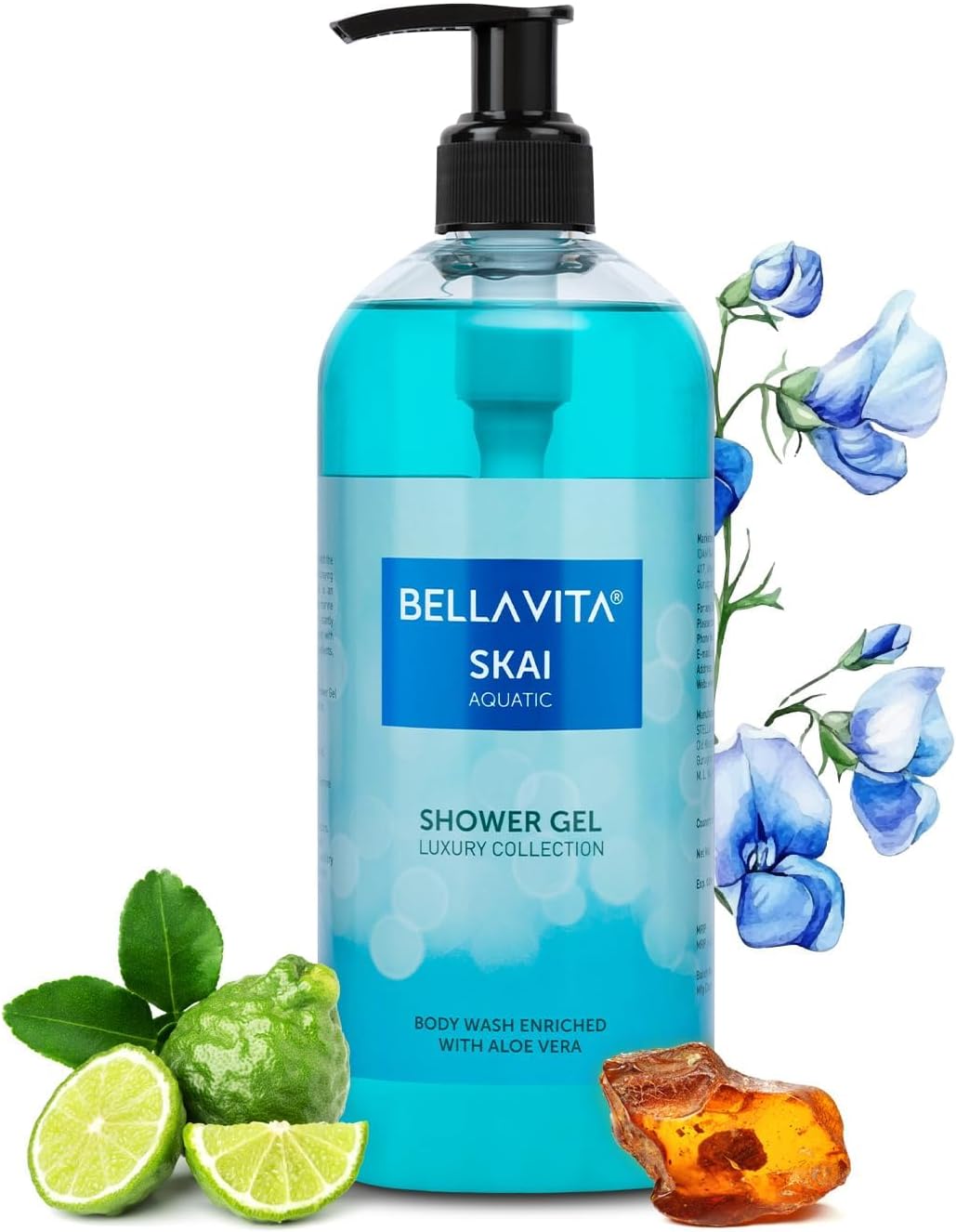 Bella Vita Luxury Skai Aquatic Body Wash Refreshing Shower Gel for Deep Cleansing, Hydrating & Moisturising Skin with Aloe Vera 500 Ml