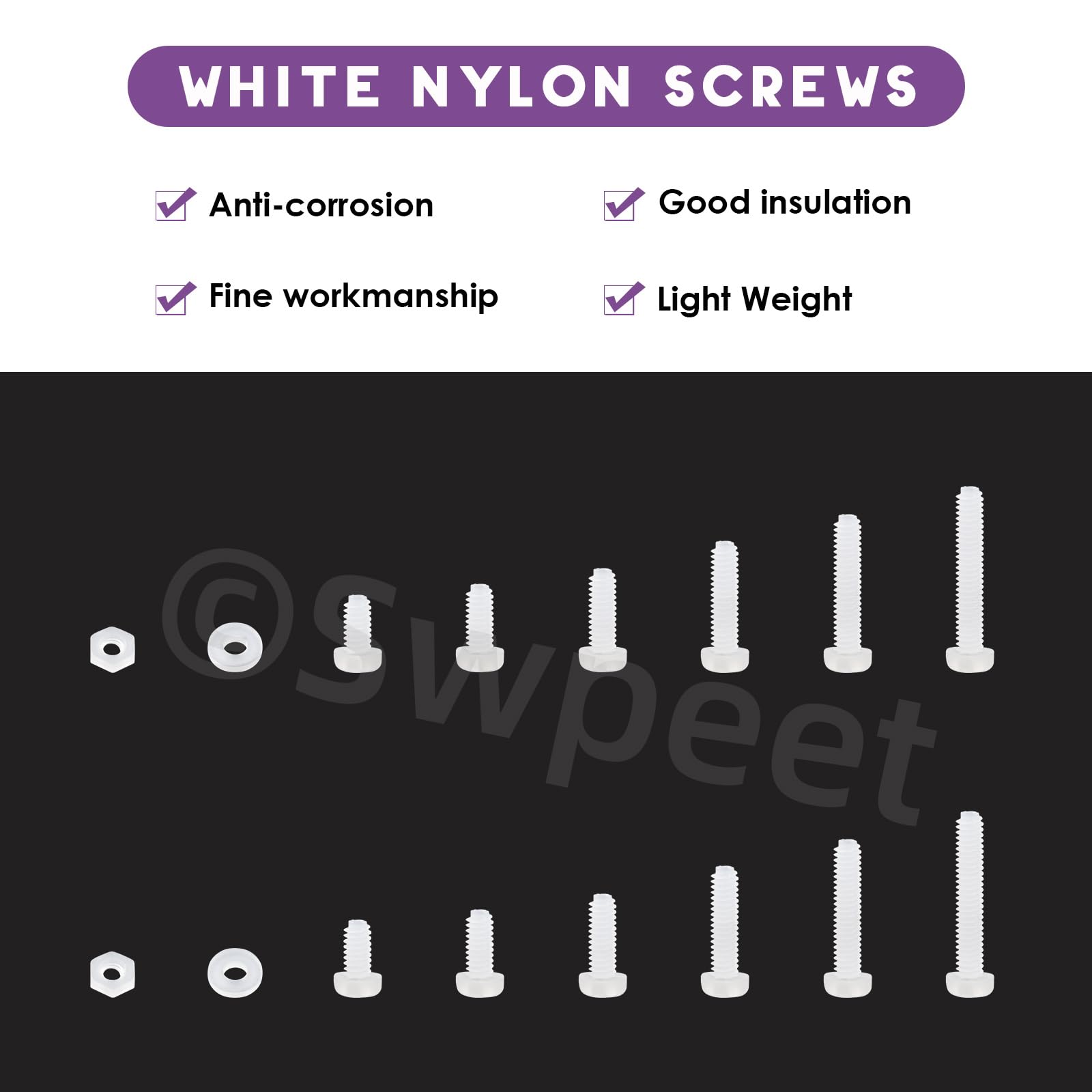 Swpeet 360 pezzi 6 misure M2 viti a testa tonda pan in nylon bianco con dadi esagonali e guarnizioni kit assortimento, viti a testa tonda pan Phillips Cross in nylon, lunghezza 4/5/6/8/10/12mm