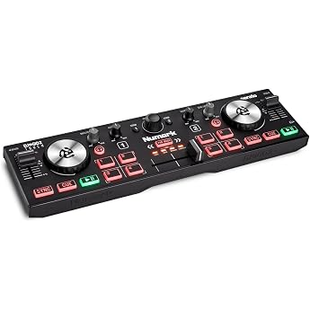 Numark DJ2GO2 Touch Portable Mini DJ Controller, 2-Deck USB DJ Console with Audio Interface and Capacitive Jog Wheels, 4 Pad 